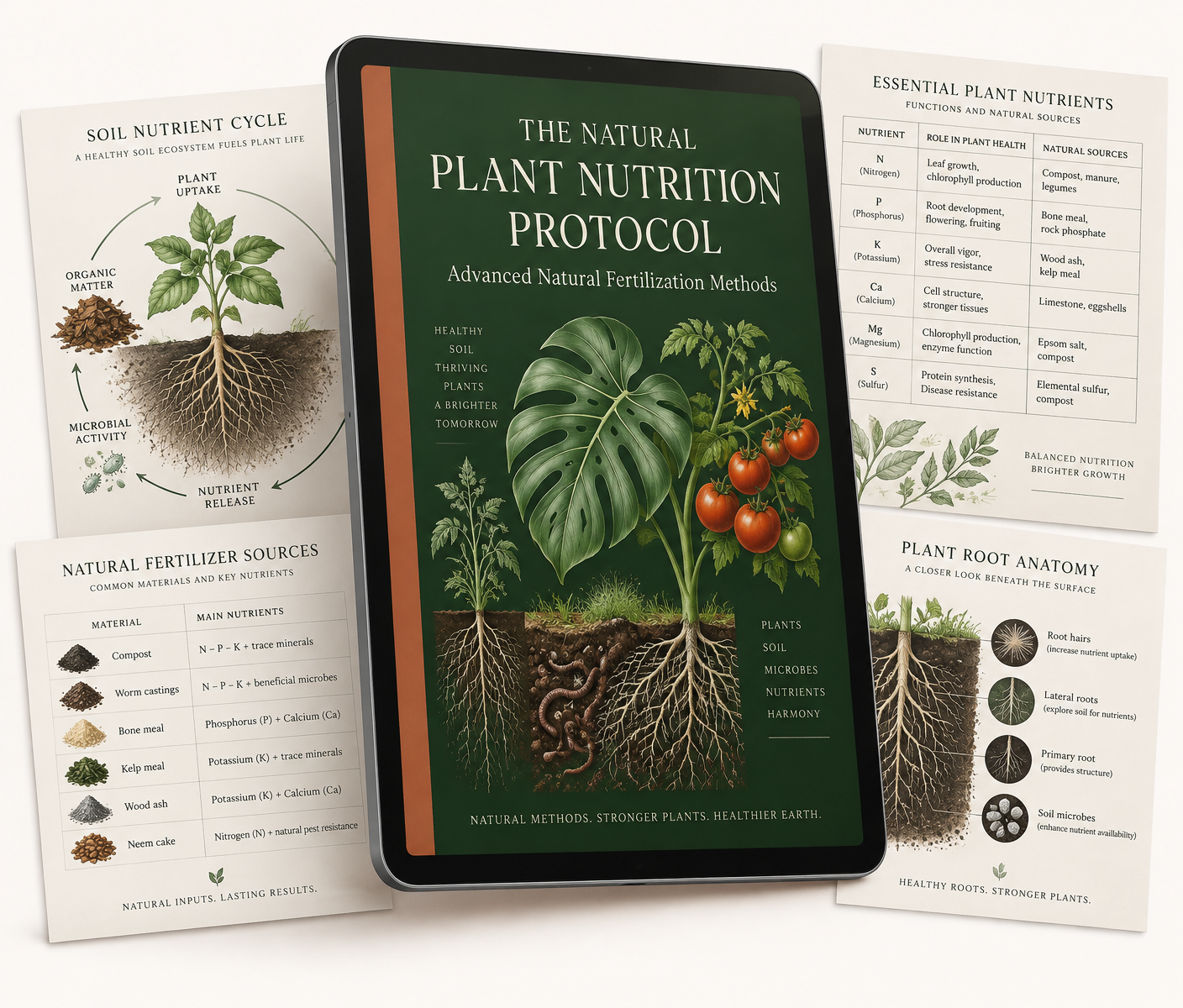 The Natural Plant Nutrition Protocol digital guide displayed on a tablet with printable nutrition charts
